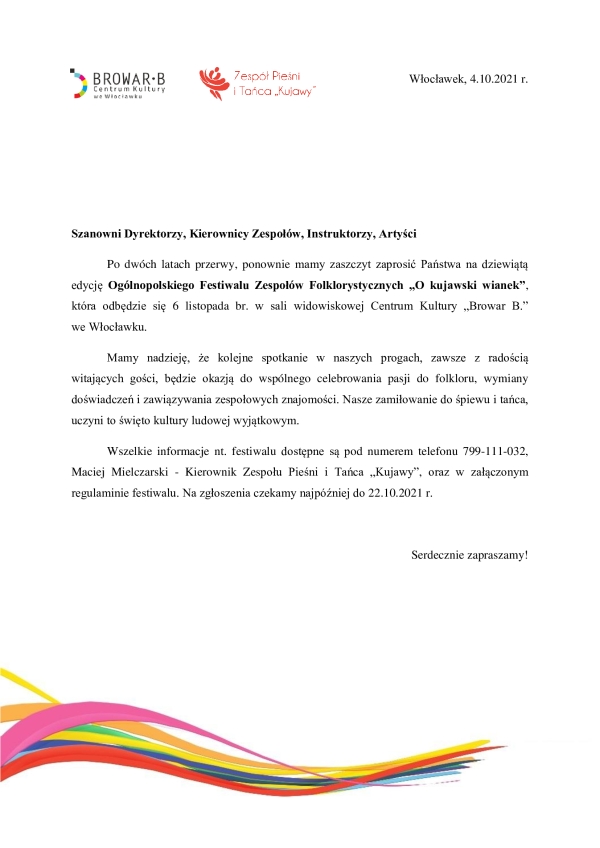 Zaproszenie na IX Ogólnopolski Festiwal Zespołów Folklorystycznych &quot;O kujawski wianek&quot;!