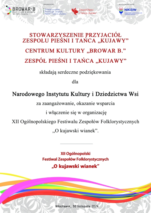 Podziękowanie dla Narodowego Instytutu Kultury i Dziedzictwa Wsi